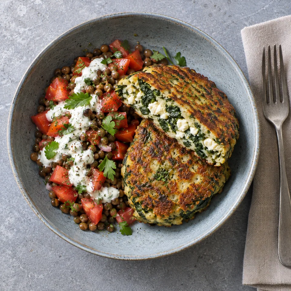 Farçous aveyronnais aux blettes : galette dorée coupée en deux sur assiette bleue, accompagnée de salade de lentilles et tomates nappée de sauce blanche.