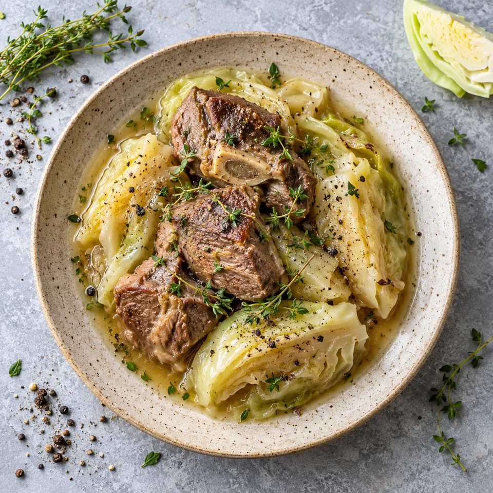 Fårikål : portion d'agneau doré et chou blanc mijoté, nappé de jus et parsemé de persil sur assiette beige.