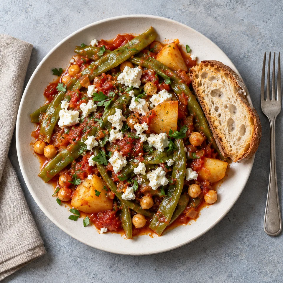 Assiette de fasolakia : haricots verts, tomates, pommes de terre, pois chiches, feta émiettée et pain.