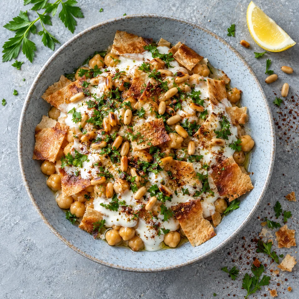 Assiette creuse en grès bleu-gris pâle contenant une portion de Fatteh de pois chiches, sauce crémeuse, pain doré croustillant, pignons et persil frais.