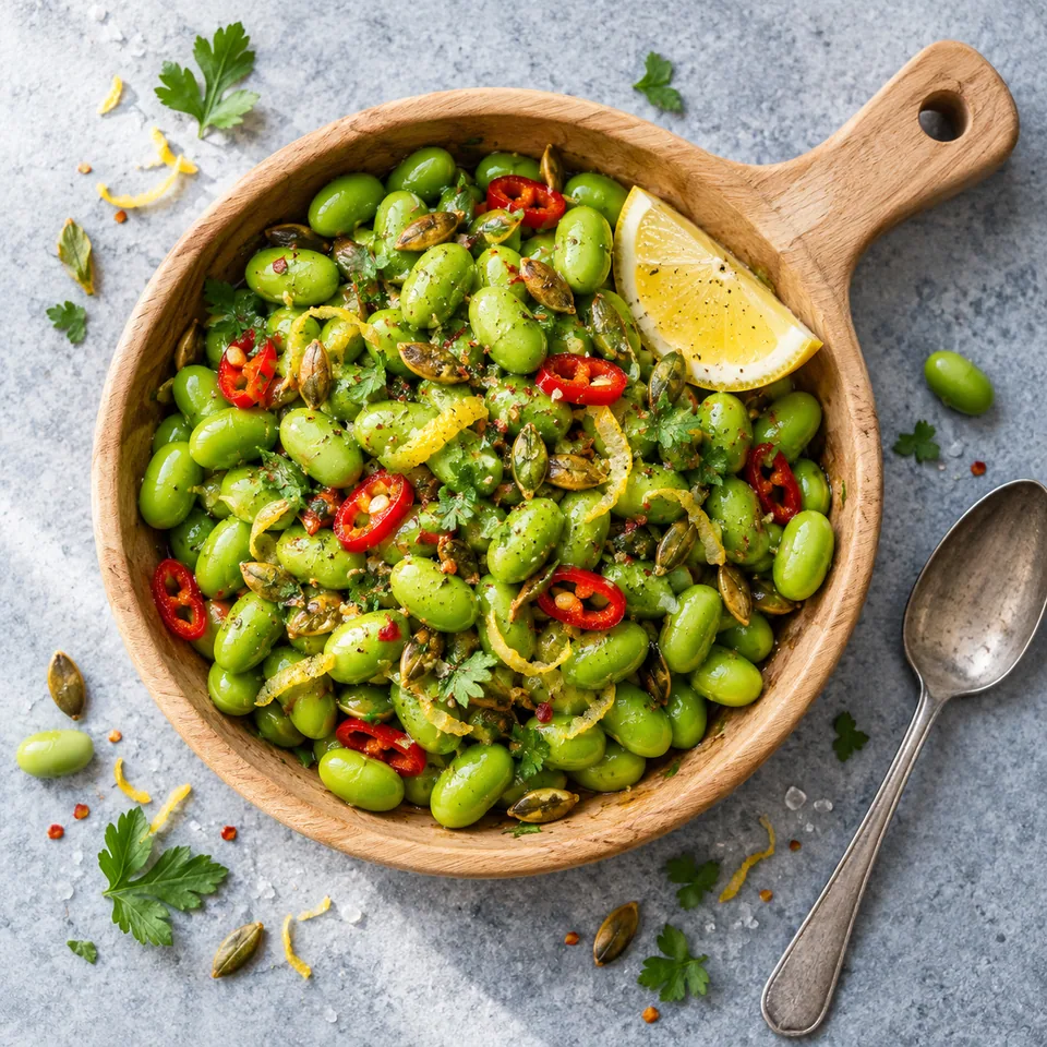Fèves edamame tièdes au citron et au piment sur une planche en bois, garnies de graines de courge.