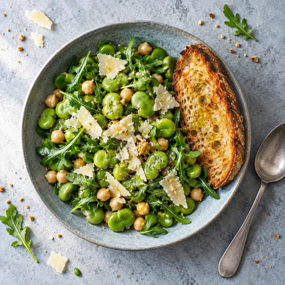Salade de fèves et pois chiches avec copeaux de fromage et pain grillé doré sur assiette bleue