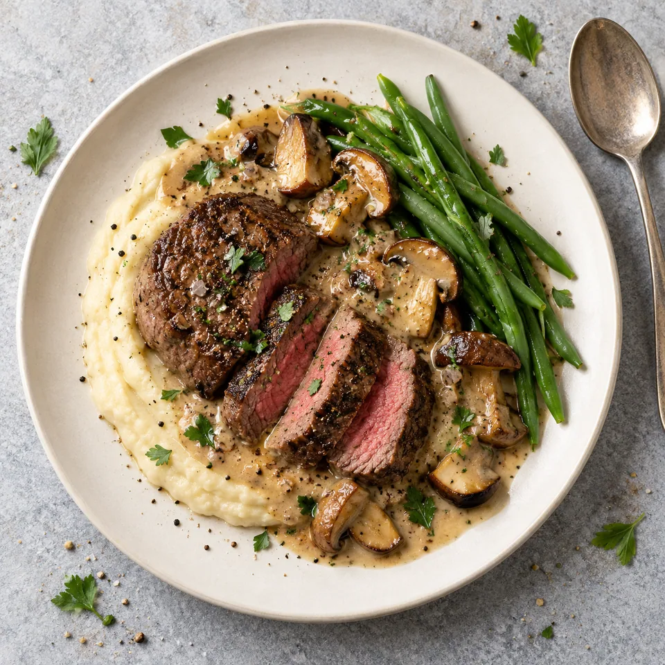 Filet de bœuf aux cèpes et purée de céleri : tranches de bœuf doré sur purée crémeuse, haricots verts et sauce aux cèpes.