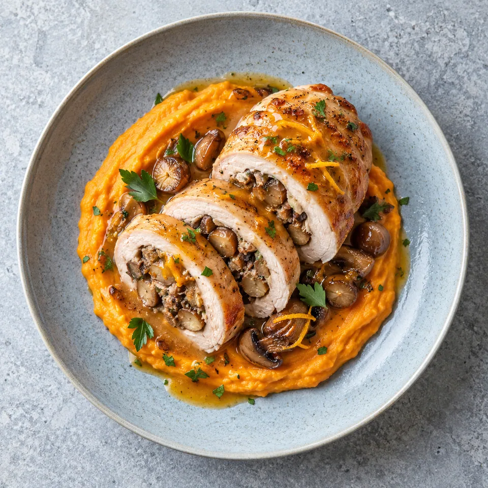 Filet de dinde farci aux champignons et marrons, tranché et nappé de sauce orange, servi sur purée de patates douces.