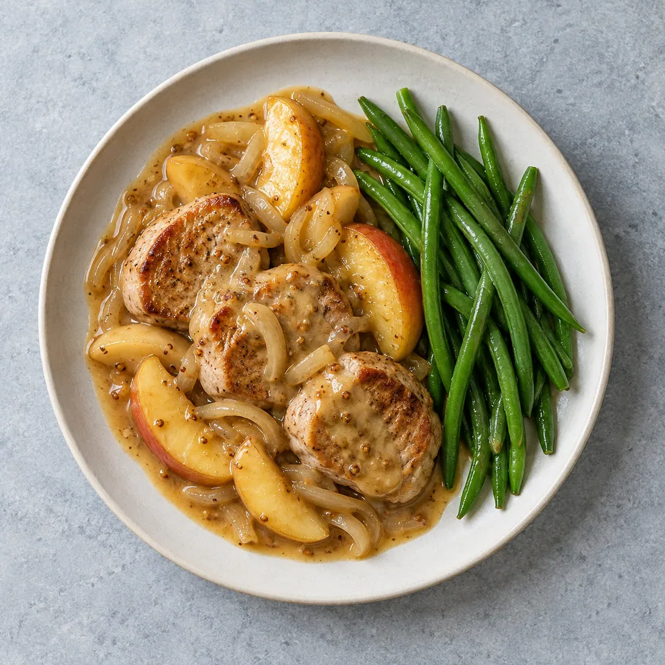 Filet de porc aux pommes et au cidre : médaillons dorés nappés de sauce, quartiers de pommes, oignon émincé et haricots verts.
