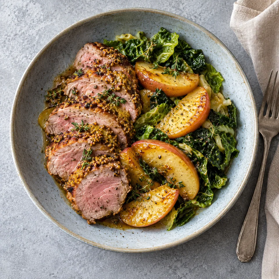 Filet mignon, chou vert et pommes poêlées : tranches de porc, chou braisé et pommes dorées sur assiette creuse.