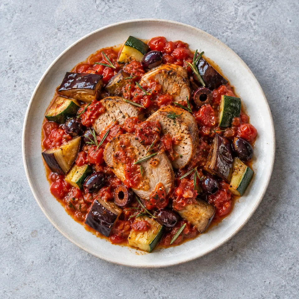 Filet mignon de porc à la tomate : médaillons dorés nappés de sauce rouge, morceaux d’aubergine et de courgette, olives noires.