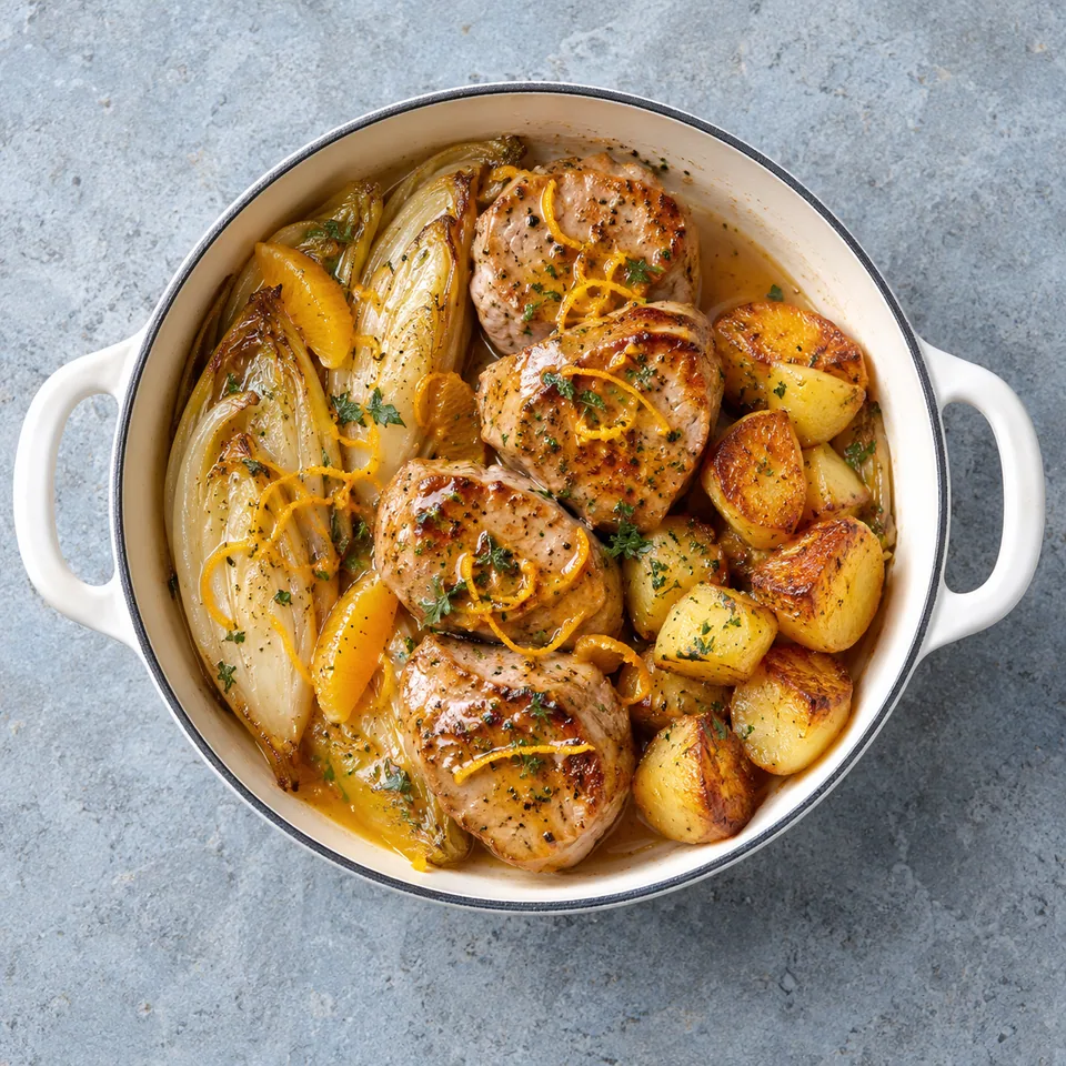 Filet mignon, endives à l’orange et pommes dorées : porc doré, sauce orange brillante, endives et pommes de terre croustillantes dans une cocotte blanche.