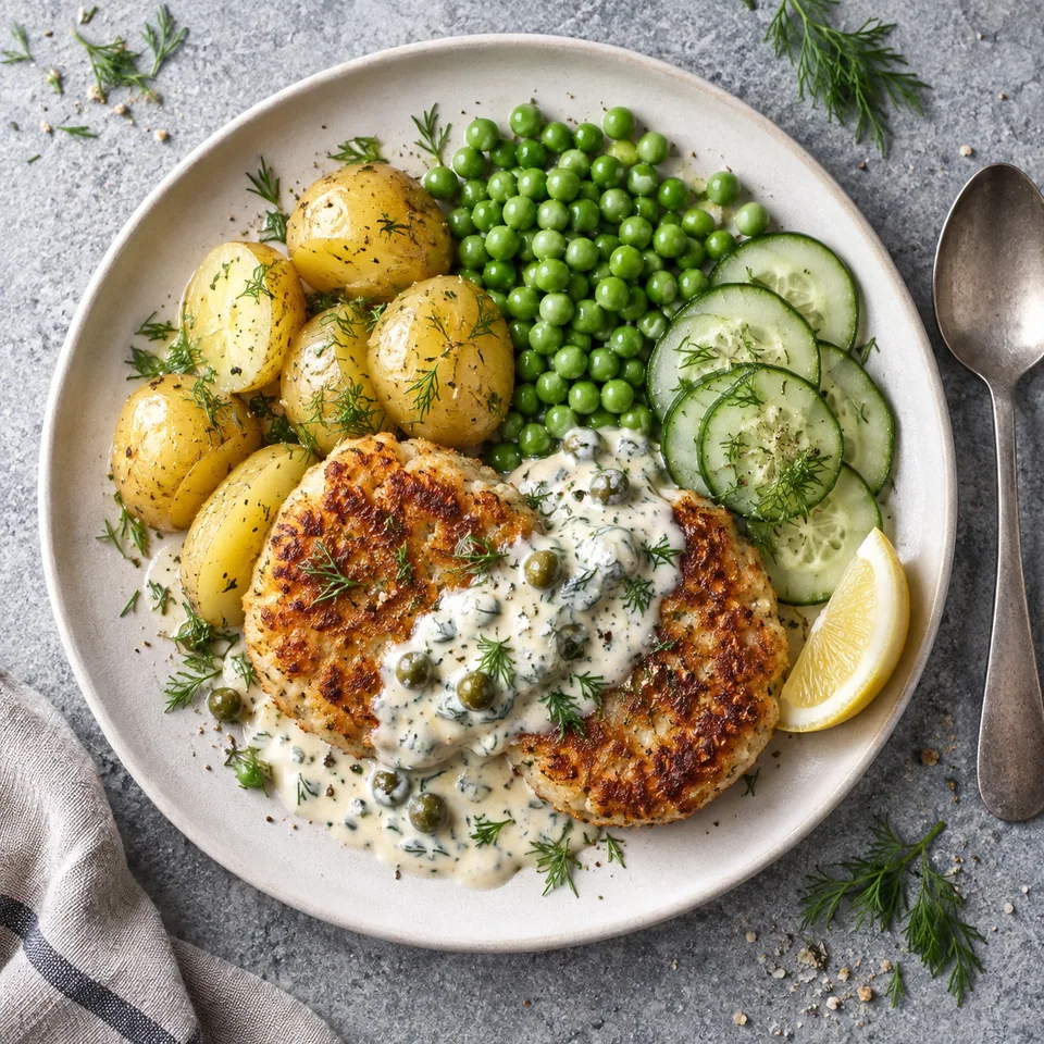 Fiskefrikadeller : galettes de poisson dorées, sauce yaourt-aneth, pommes de terre et petits pois sur assiette blanche.