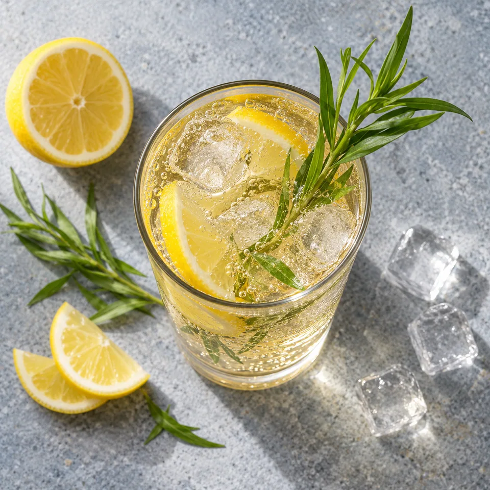 Fizz à l'estragon et au citron, vodka : cocktail pétillant avec glaçons et branche d'estragon dans un grand verre transparent.