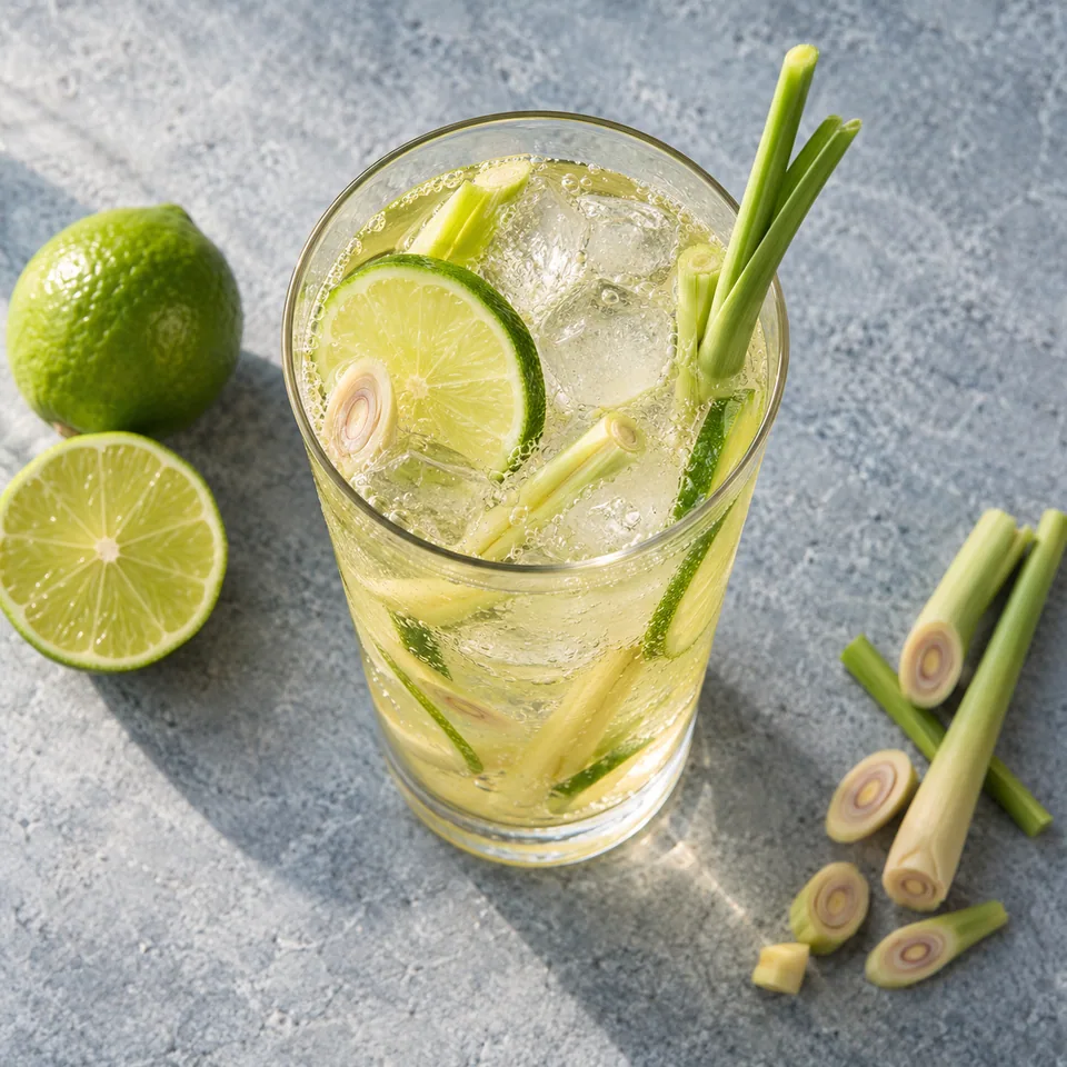Fizz citronnelle-citron vert au rhum blanc dans un grand verre transparent avec glaçons et tranches de citron vert.