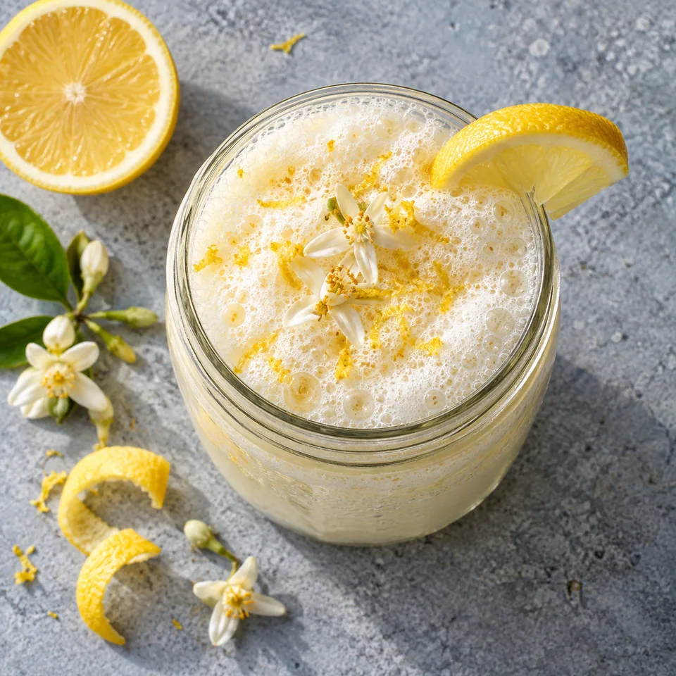 Fizz lacté citron-fleur d’oranger dans un bocal en verre, mousse blanche aérienne et brillante.