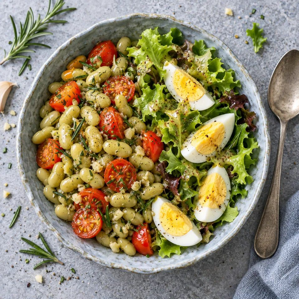 Bol de flageolets à l'ail et au romarin, salade vinaigrée et œufs durs en quartiers