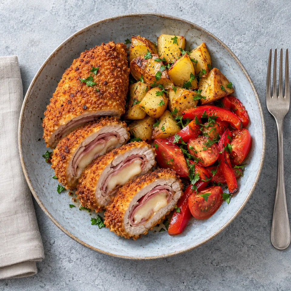 Flamenquín doré et croustillant coupé en tronçons, servi avec pommes de terre rissolées et salade de tomates et poivrons rouges sur une assiette bleu-gris.