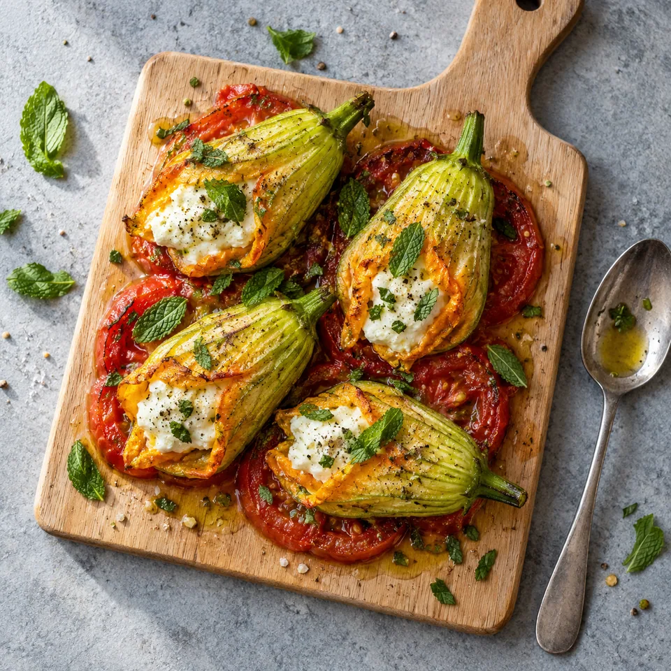 Fleurs de courgette farcies à la ricotta sur planche en bois, accompagnées de tomates rôties et de menthe fraîche.