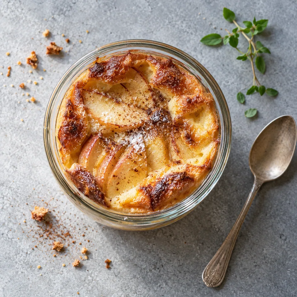 Flognarde aux pommes du Limousin dans une verrine : pâte dorée et pommes tendres visibles.