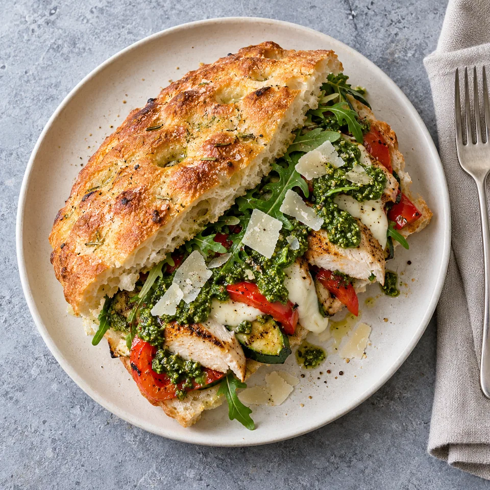 Demi-focaccia au poulet, pesto de roquette et légumes grillés sur assiette blanche