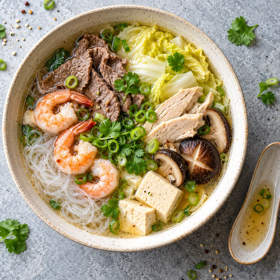 Fondue chinoise à deux : portion dans un grand bol en grès crème avec bouillon, viandes, crevettes, légumes et vermicelles.