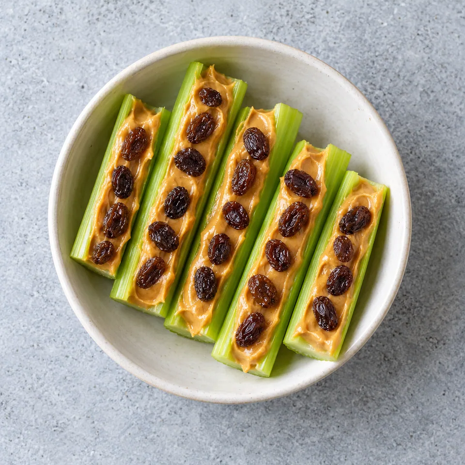 Fourmis sur une bûche au céleri : bâtonnets de céleri tartinés de beurre de cacahuète et garnis de raisins secs dans un bol blanc.