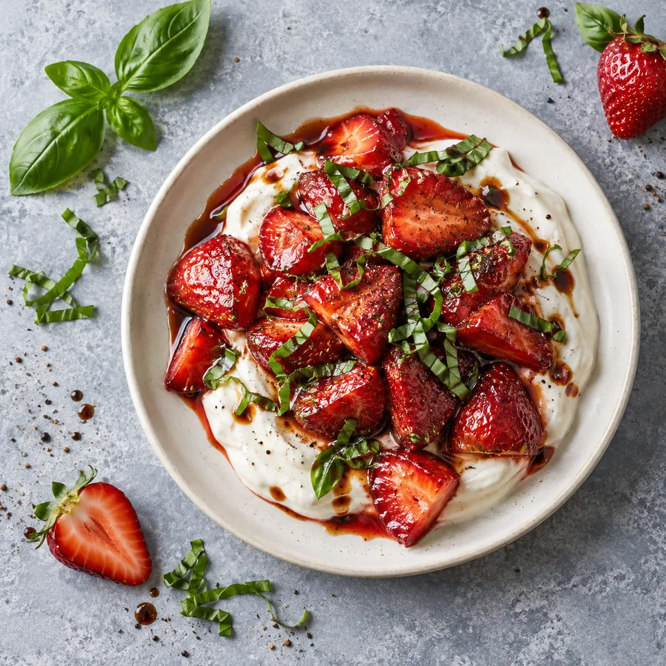 Fraises rôties au balsamique et skyr vanillé dans une assiette blanche, garnies de basilic.