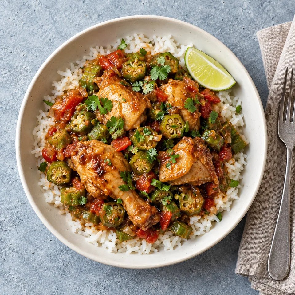 Bol de riz au poulet aux gombos et tomates, parsemé de coriandre fraîche.