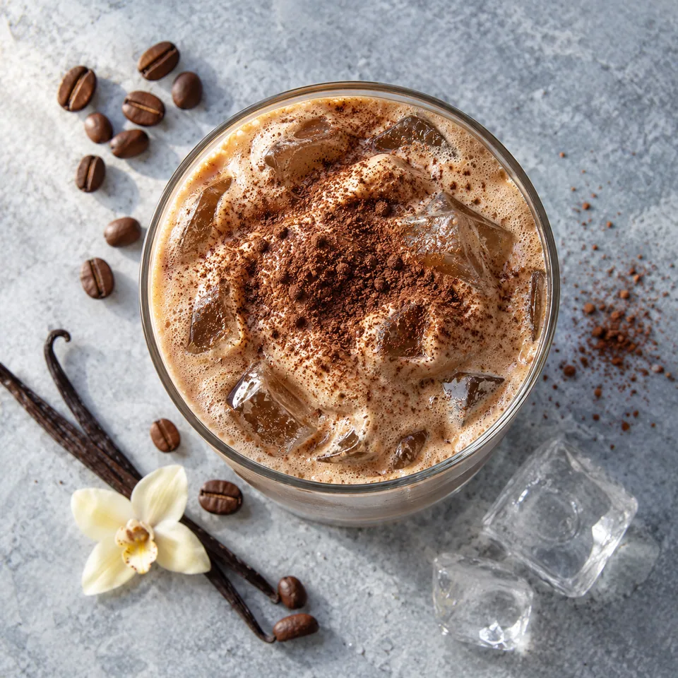 Frappé café-vanille au skyr mousseux brun dans un grand verre transparent avec glaçons et poussière de cacao.