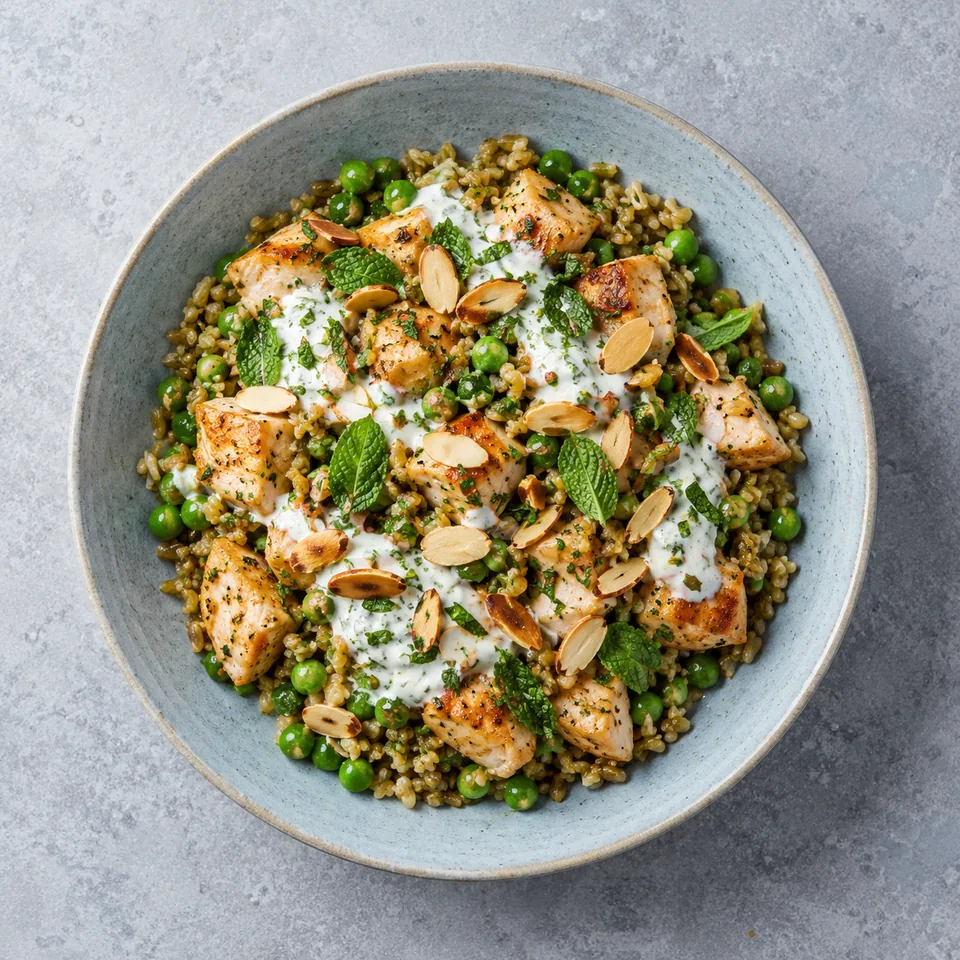 Assiette de freekeh aux petits pois, poulet et menthe, sauce yaourt et amandes grillées.