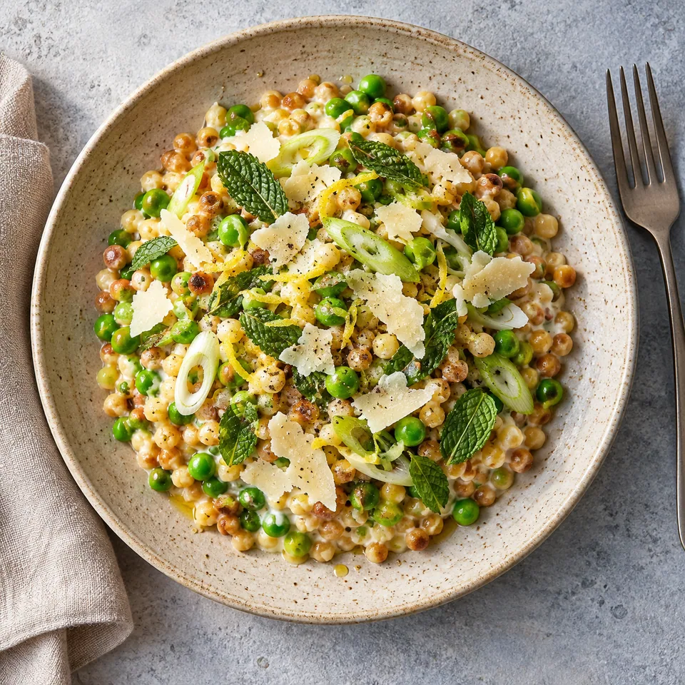 Assiette de fregola aux petits pois, citron et parmesan végétarien, garnie de menthe fraîche.