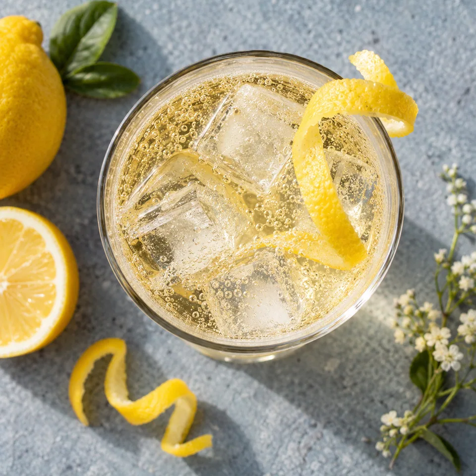 French 75 au gin, au citron et au crémant dans un grand verre droit transparent avec glaçons et zeste de citron.
