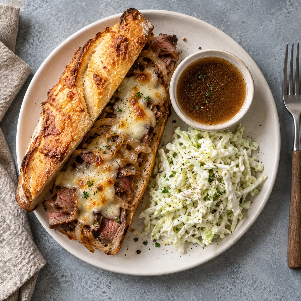 French dip au bœuf et emmental : sandwich baguette gratiné avec bœuf et oignons, salade de chou crémeuse et jus de cuisson.