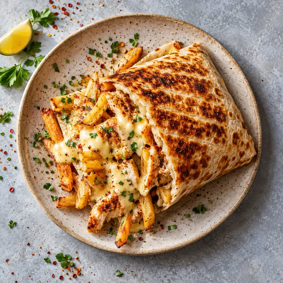 Taco au poulet doré et croustillant, garni de frites et sauce fromagère brillante, servi sur une assiette beige.