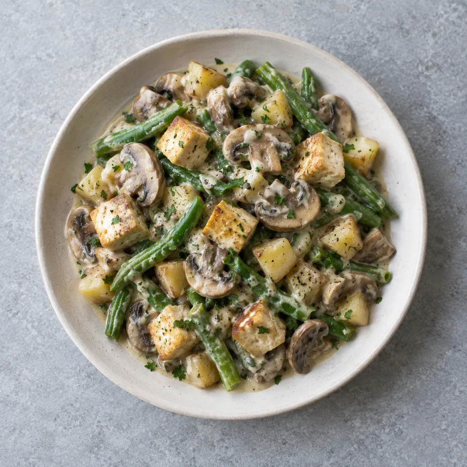 Fricassée de champignons au tofu : dés dorés, champignons émincés, pommes de terre et haricots verts, sauce blanche au persil.
