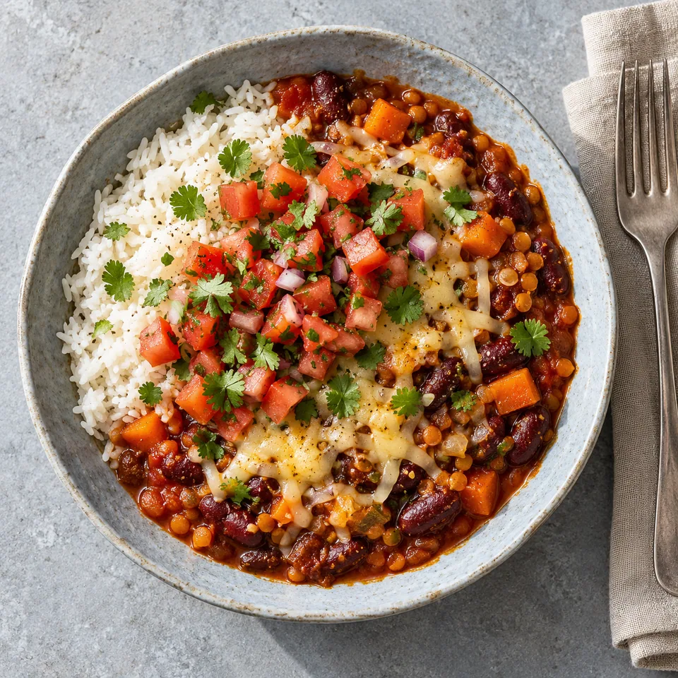 Bol de frijoles charros végétariens au riz, haricots rouges, carottes et pico de gallo frais sur fond bleu-gris.