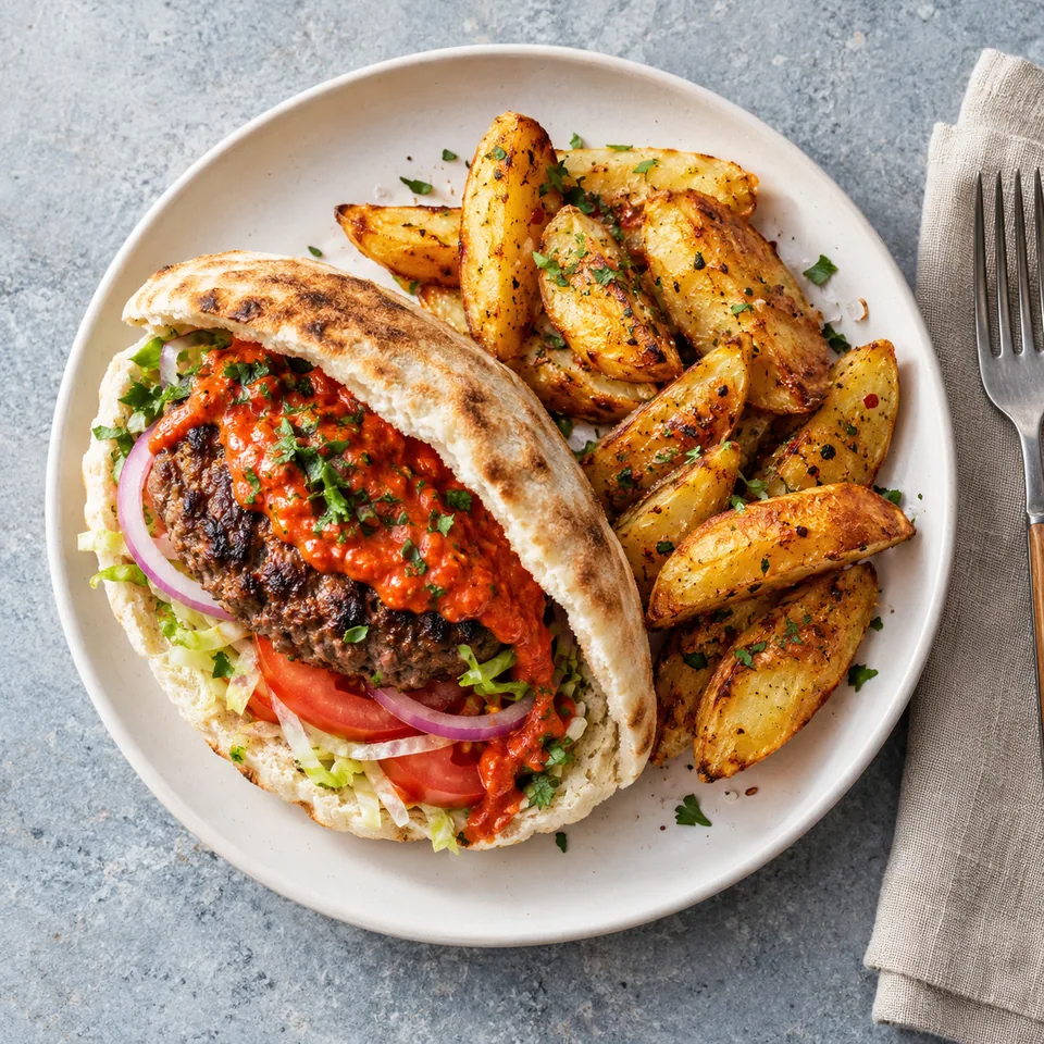 Frita cubaine : pain pita garni de steak haché et sauce harissa, accompagné de pommes de terre croustillantes dorées sur assiette blanche.