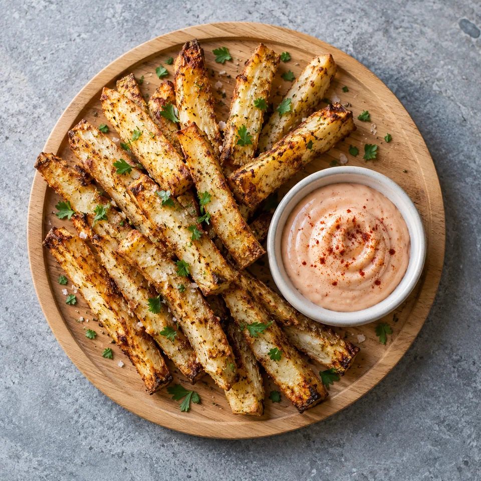 Frites de céleri-rave dorées et croustillantes sur une planche en bois, accompagnées d'une mayonnaise fumée rose pâle dans un petit ramequin blanc.