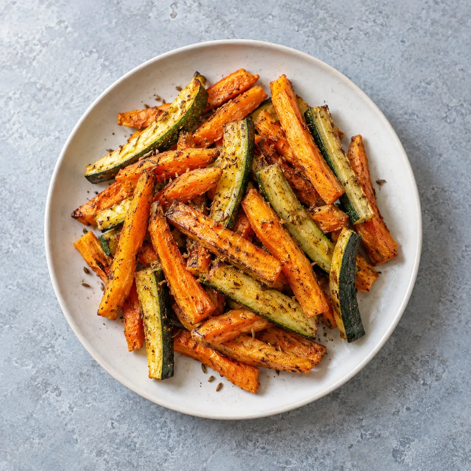 Frites de légumes au cumin : bâtonnets dorés de carotte, patate douce et courgette sur assiette.