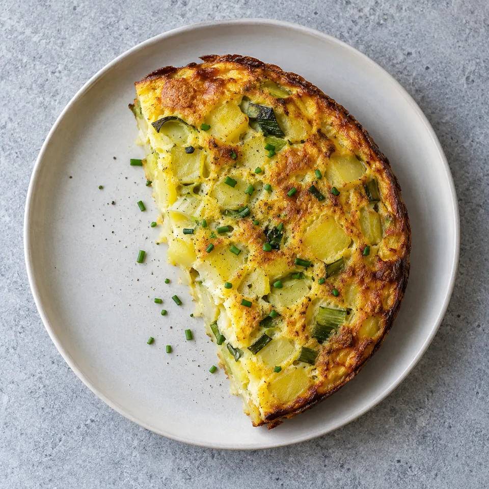 Frittata au four, pommes de terre et poireaux : une demi-frittata dorée, avec dés de pommes de terre, poireaux et ciboulette.