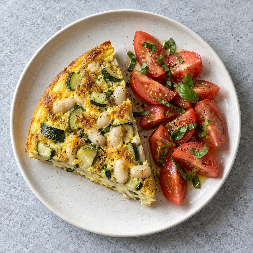 Frittata aux courgettes et haricots blancs, part dorée avec dés de courgette, haricots blancs, quartiers de tomates et basilic.