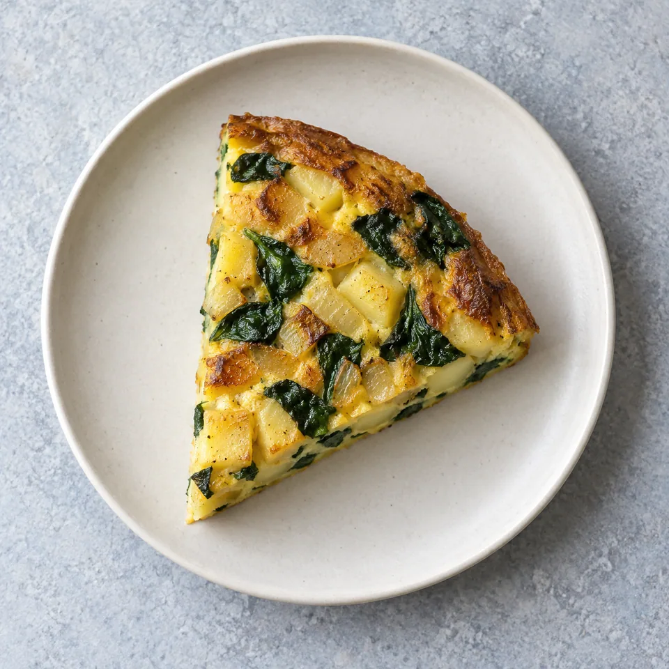 Frittata aux pommes de terre et aux épinards : part triangulaire dorée, dés de pommes de terre et épinards visibles.