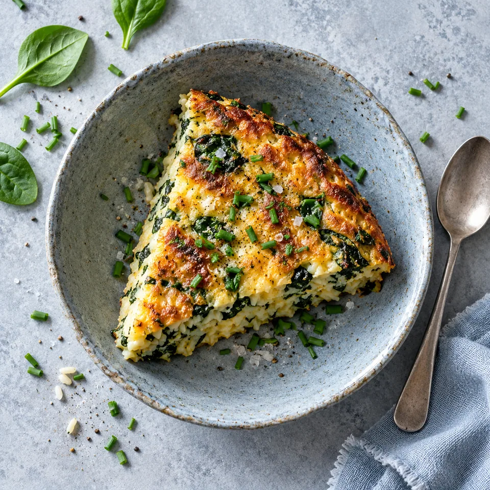 Frittata de riz aux épinards : portion dorée avec riz, épinards et ciboulette dans un bol bleu-gris.