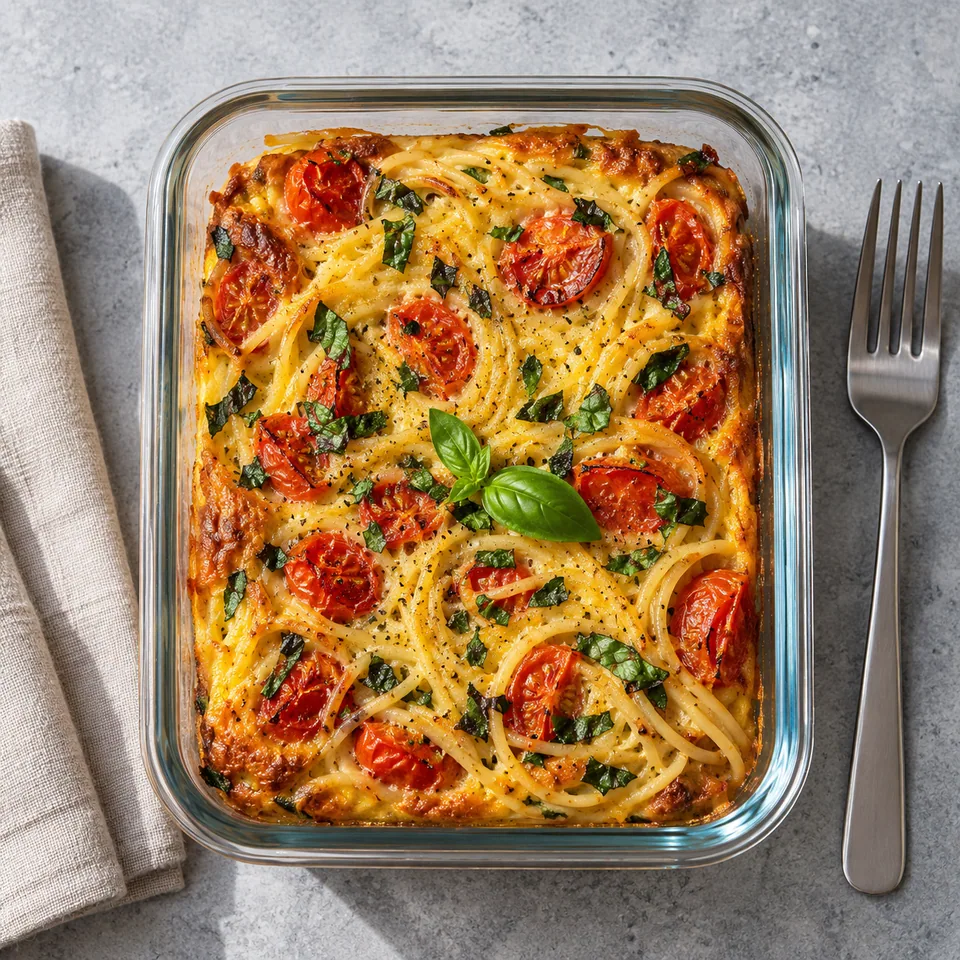 Frittata de spaghettis, tomates et basilic : portion dorée et fondante dans une boîte en verre.
