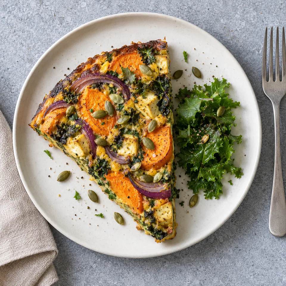 Part de frittata patate douce, kale et oignon rouge sur assiette blanche, parsemée de graines de courge.