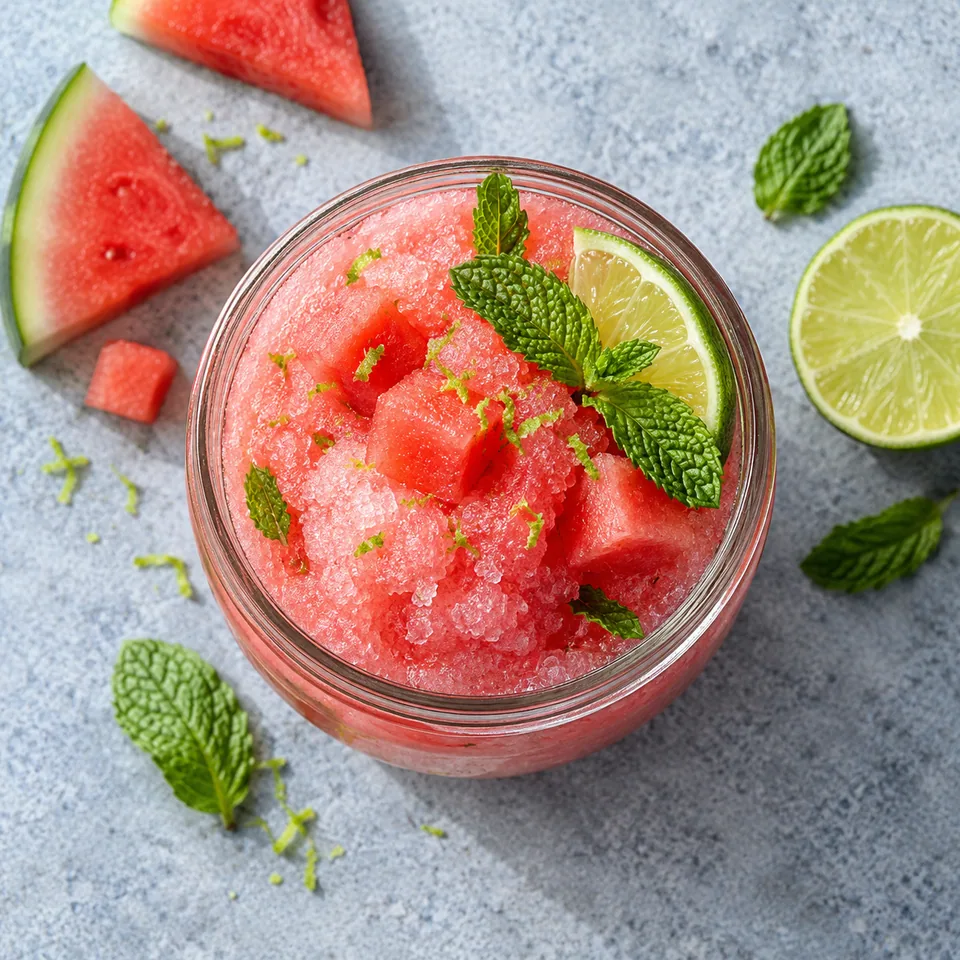 Frosé à la pastèque et au citron vert dans un bocal en verre, rose granuleux avec menthe et pastèque fraîche.
