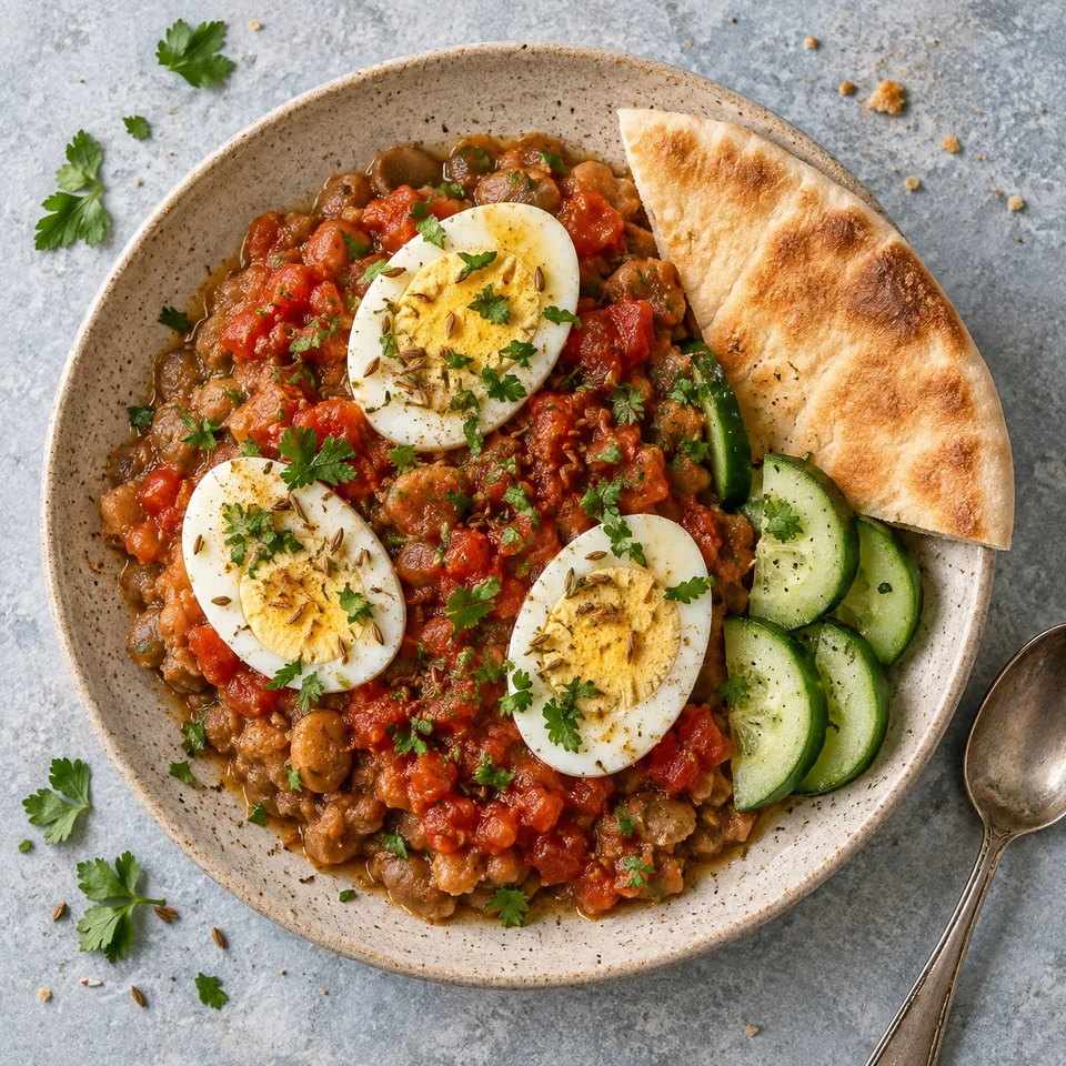 Assiette de ful à la tomate et au cumin avec œufs pochés, accompagnée de concombre et pain pita.
