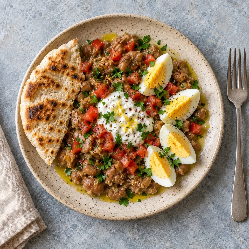 Assiette de ful medames avec fèves écrasées, œuf dur, tomates, skyr et pain pita grillé sur fond beige moucheté.