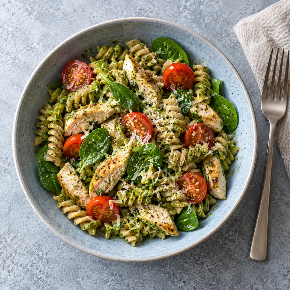 Assiette de fusillis froids au pesto d'épinards, poulet et tomates cerises sur fond bleu-gris.