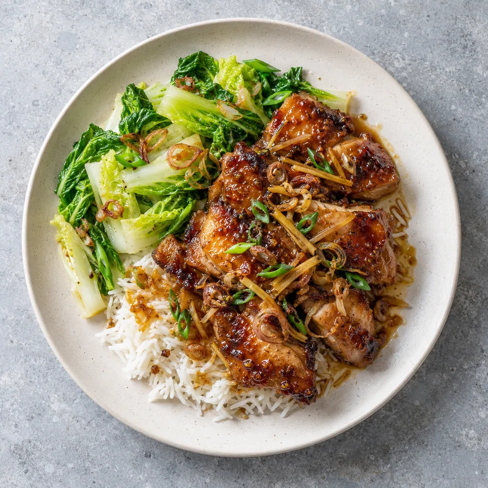 Gà kho gừng : portion de poulet caramélisé au gingembre, riz basmati et chou chinois vert sur assiette blanche.