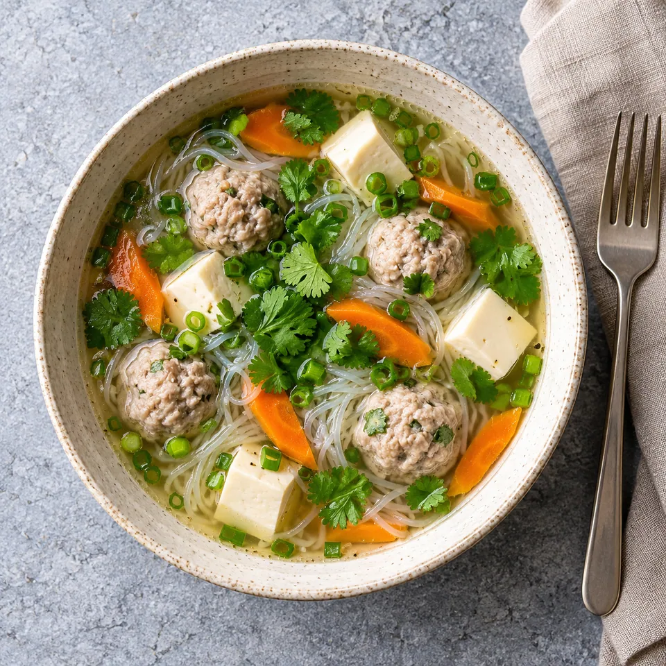 Gaeng jued, soupe thaïe aux boulettes de porc dans un grand bol crème, garnie de coriandre.
