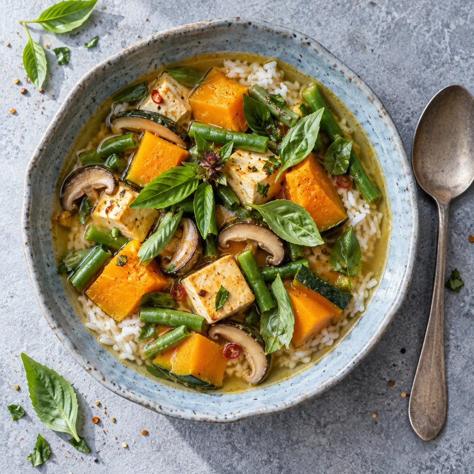 Gaeng liang : bol de riz et soupe thaïe aux légumes, tofu et basilic.