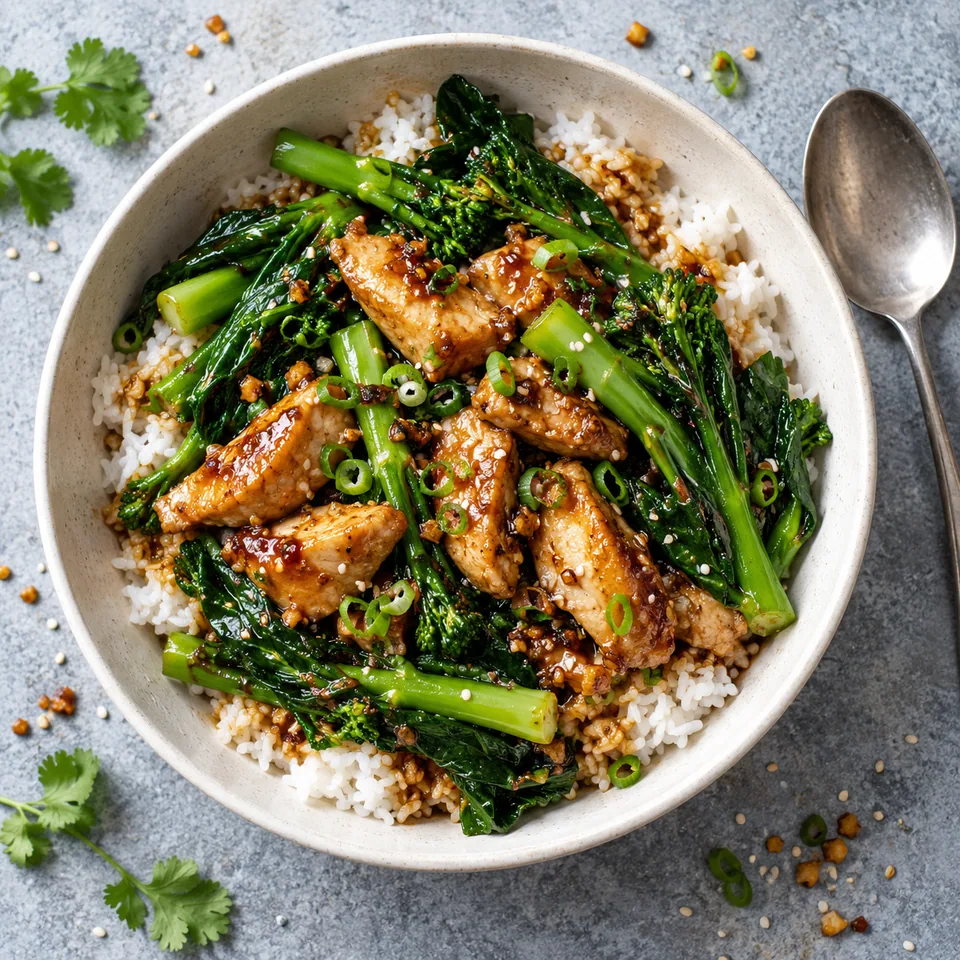 Bol de riz au poulet et brocoli chinois à la sauce soja, légumes verts et viande dorée.